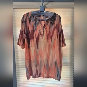 Catherines Short Sleeve Multi Color Blouse With Sequin Neckline. 2X WP